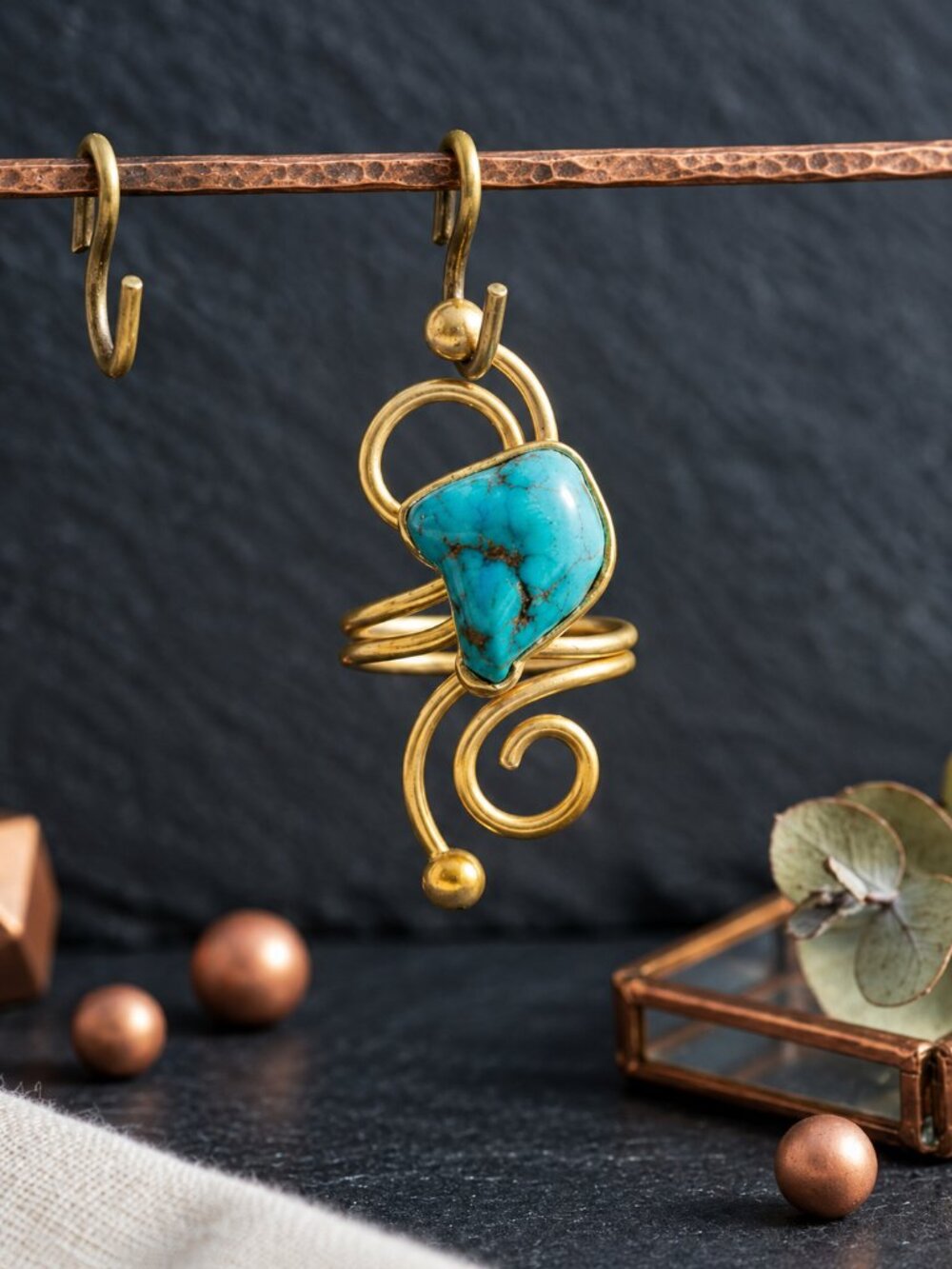 Turkish Artisan 18K Gold Plated Brass Turquoise Spiral Scroll Ring Adj 7-10